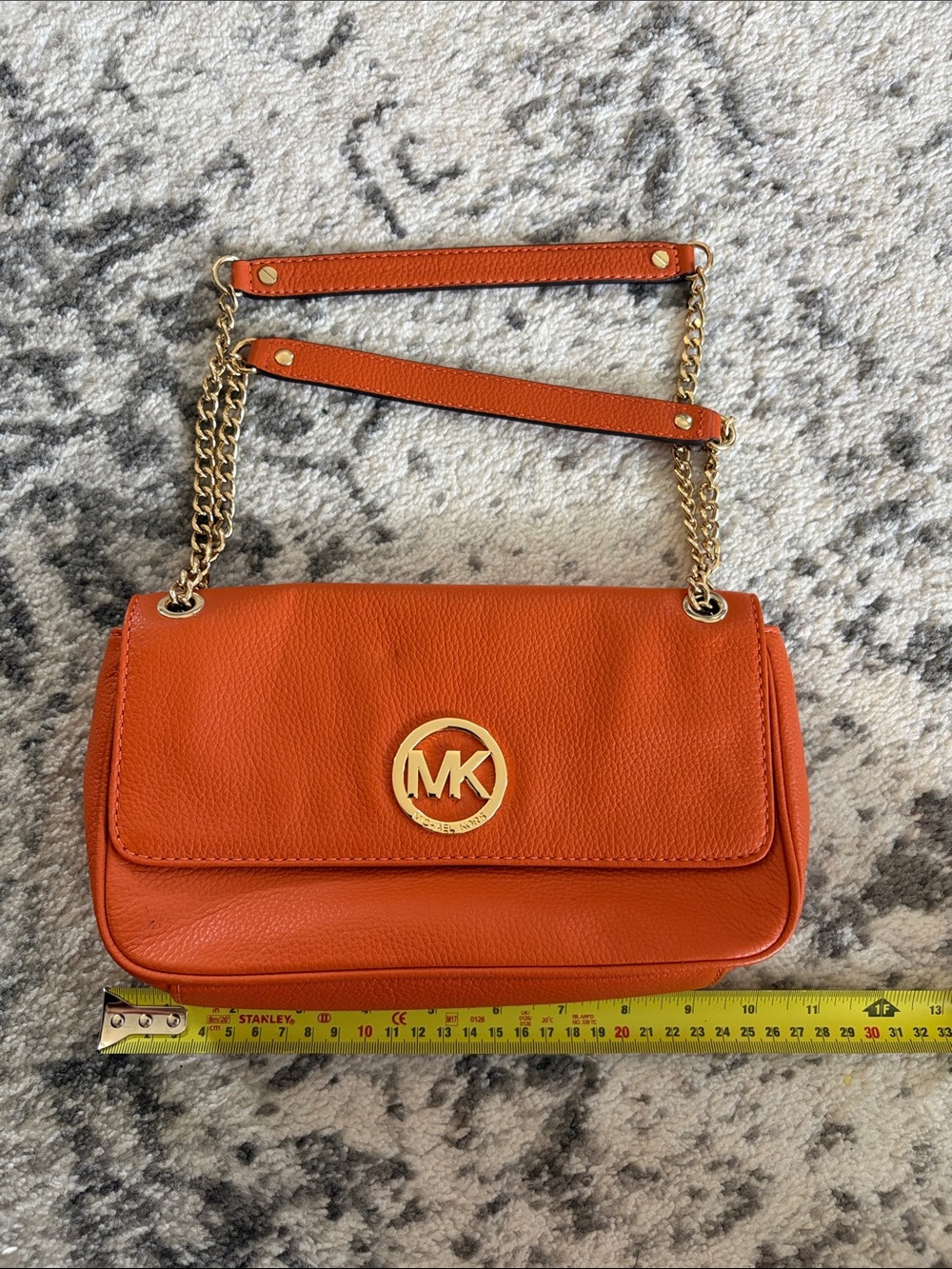 Michael Kors Orange Pebbled Leather Shoulder Bag with Gold MK Emblem